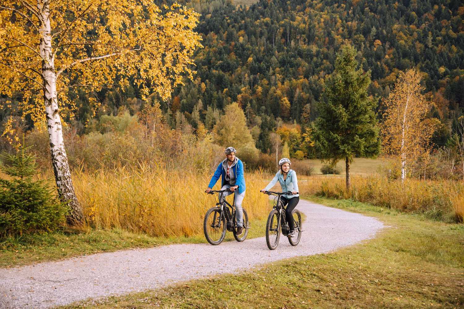 E-Biken und Radfahren im Kaiserwinkl in Tirol: breiter Radweg durch Wald und Wiesen